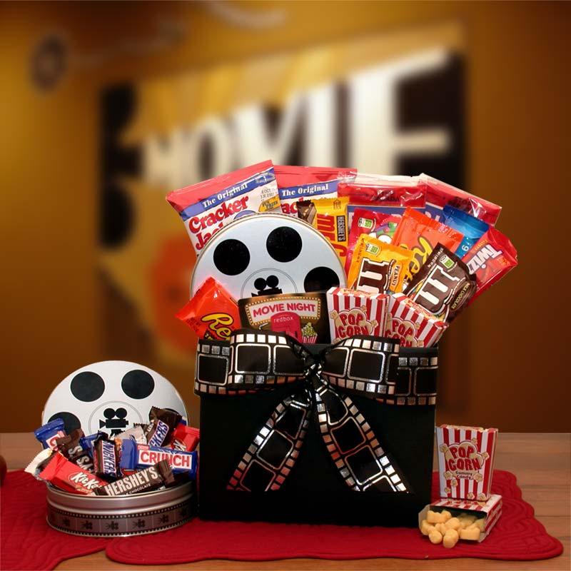 movie night gift basket, redbox gift card, junk food basket, snack gift basket,