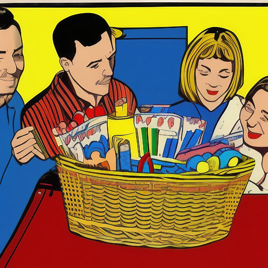 Family making a gift basket pop art