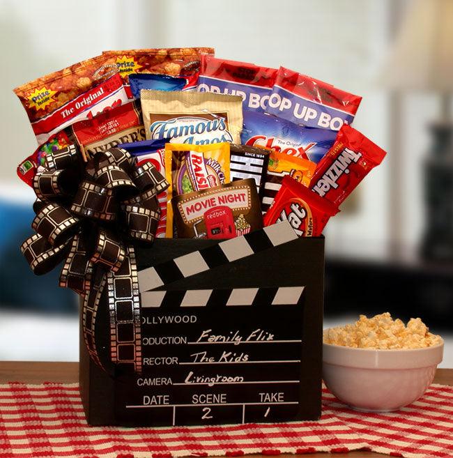 movie night gift basket, redbox gift card, junk food basket, snack gift basket, 